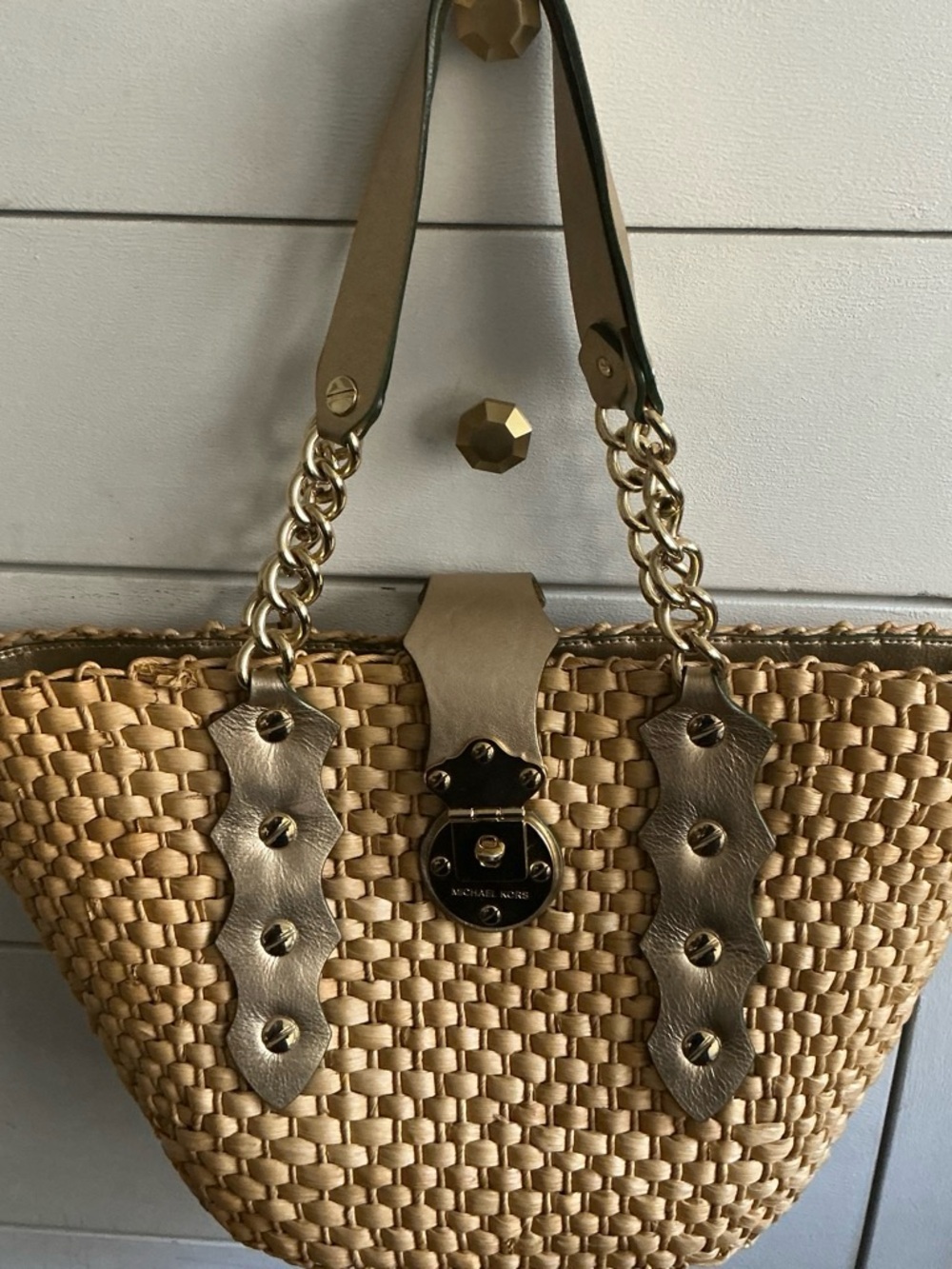 Michael Kors Straw Tote with Gold-Tone Leather Trim